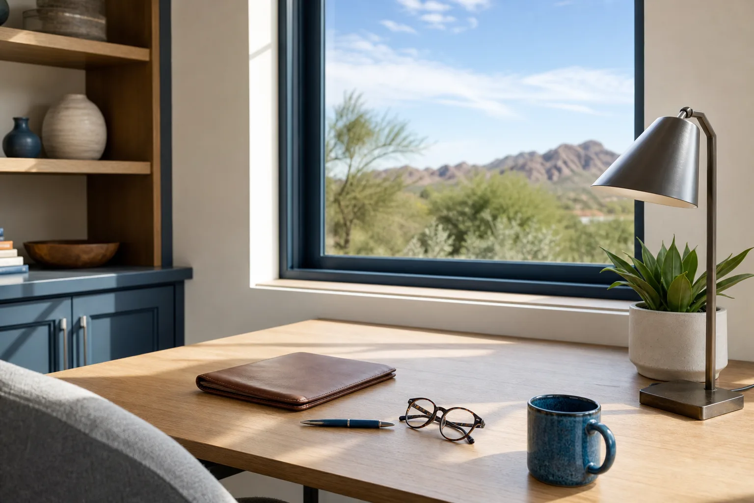 An independent advisor's tidy home office in bright daylight with a pale oak desk, closed leather folio, reading glasses and a blue mug