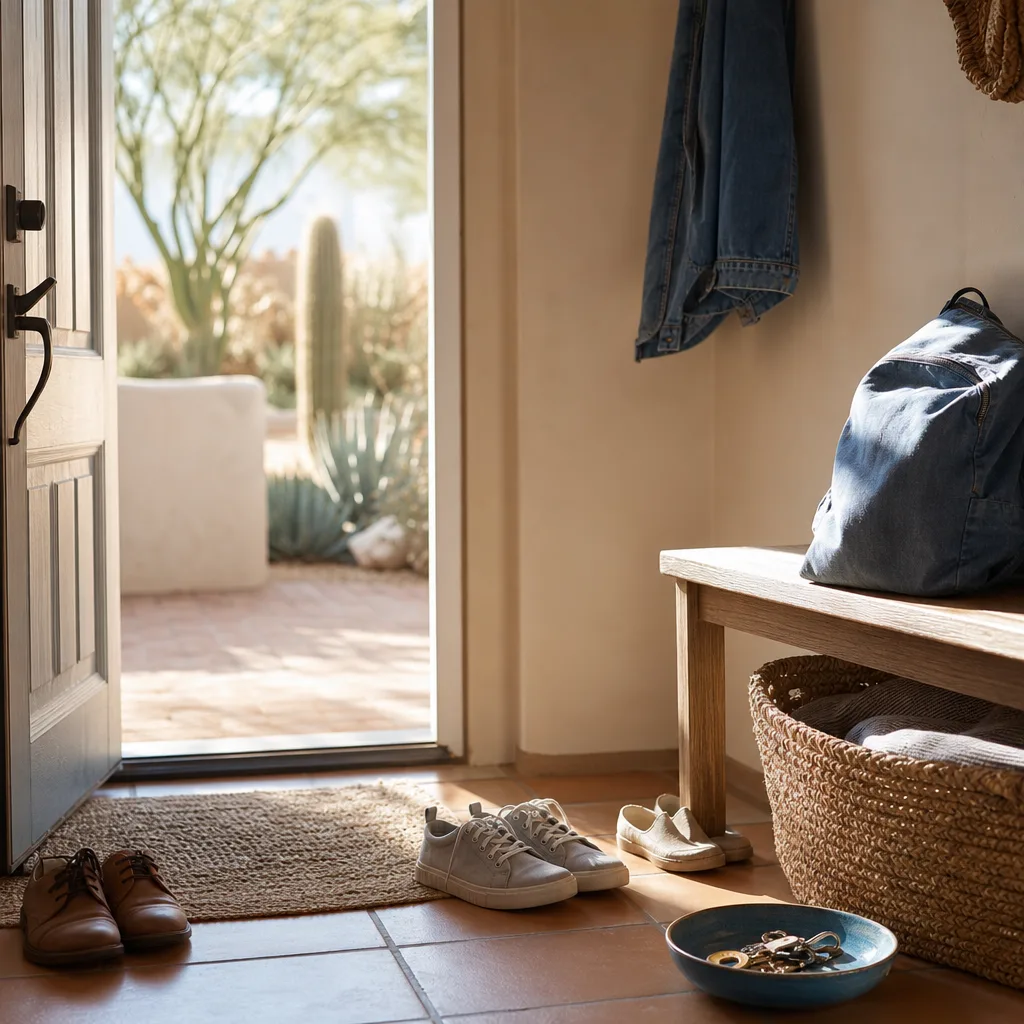 A family entryway in a Phoenix home with shoes by the door and a backpack on a bench, lit by morning sun