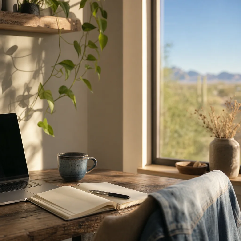 A freelancer's home workspace in morning light, with an open notebook, pen and coffee on a worn wooden desk