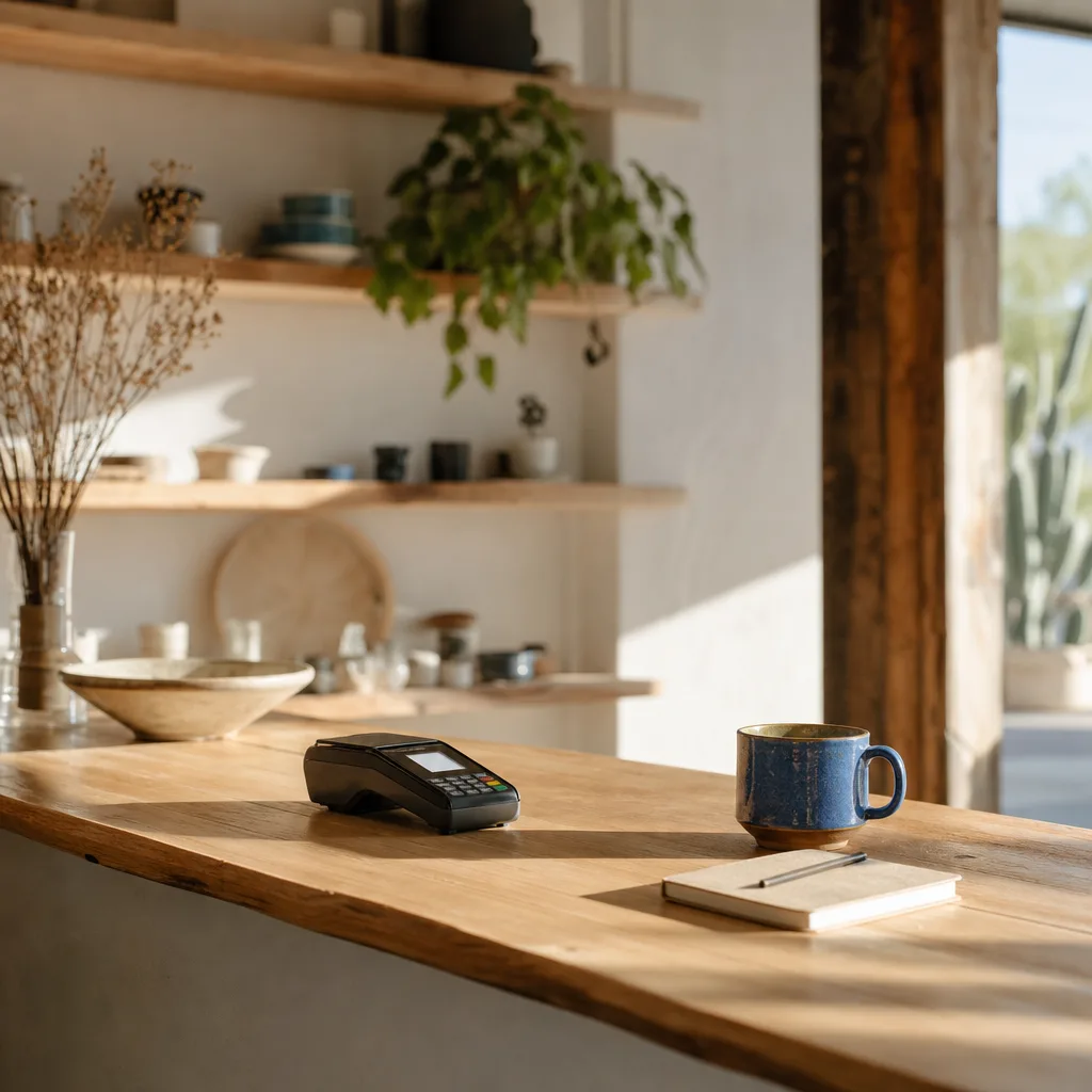 The counter of a small independent Phoenix shop before opening, with morning sun across the timber surface