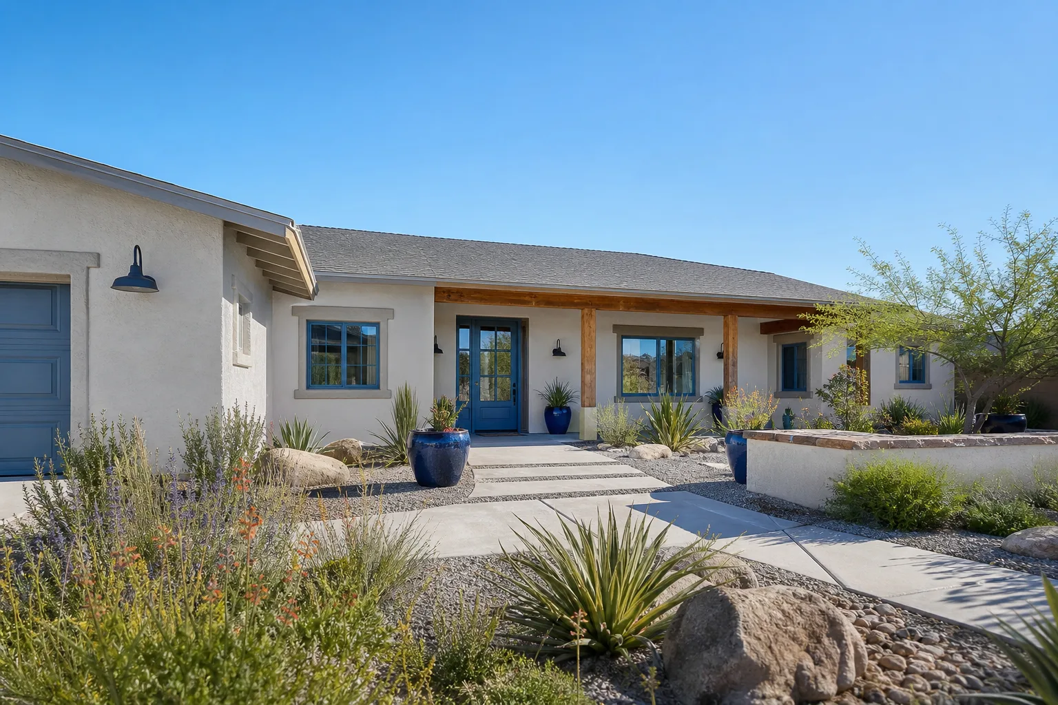 A comfortable Arizona family home exterior in bright morning light, with desert planting and a blue front door
