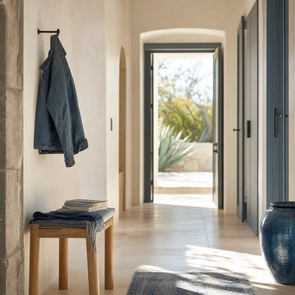 A sunlit family hallway in an Arizona home with a bench, a folded blanket and a blue jacket on a hook