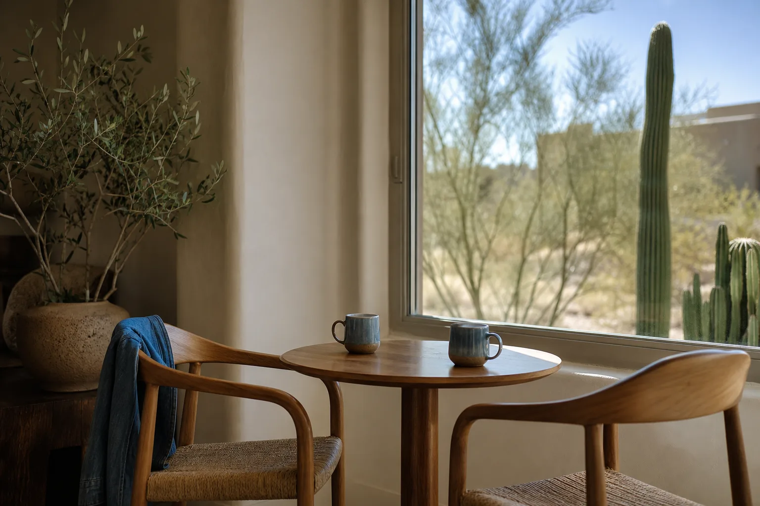 Two chairs angled toward each other at a small wooden table by a sunlit window, with two mugs on the table