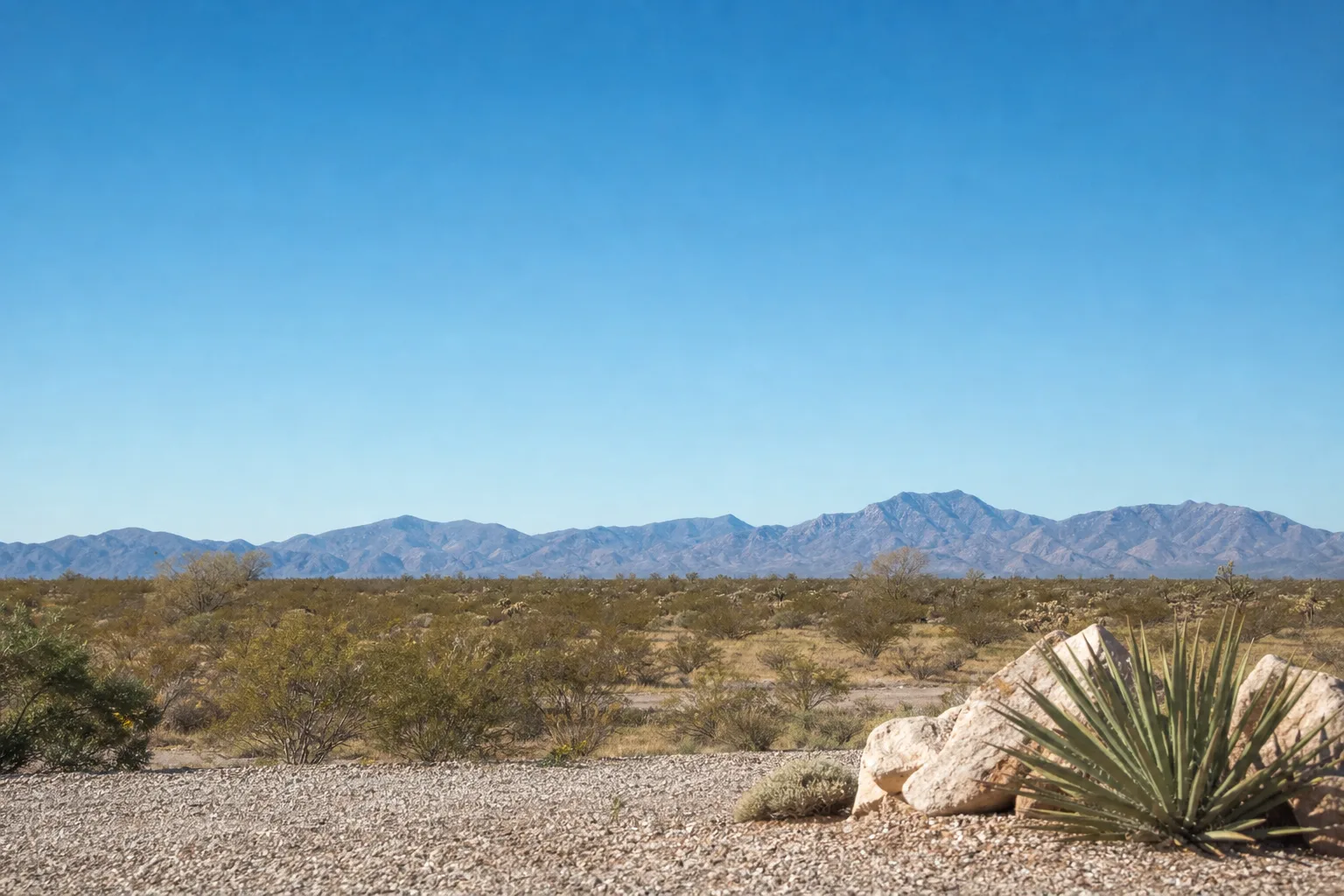 A calm wide Arizona desert horizon with a long line of blue mountains in the distance under a large clear sky