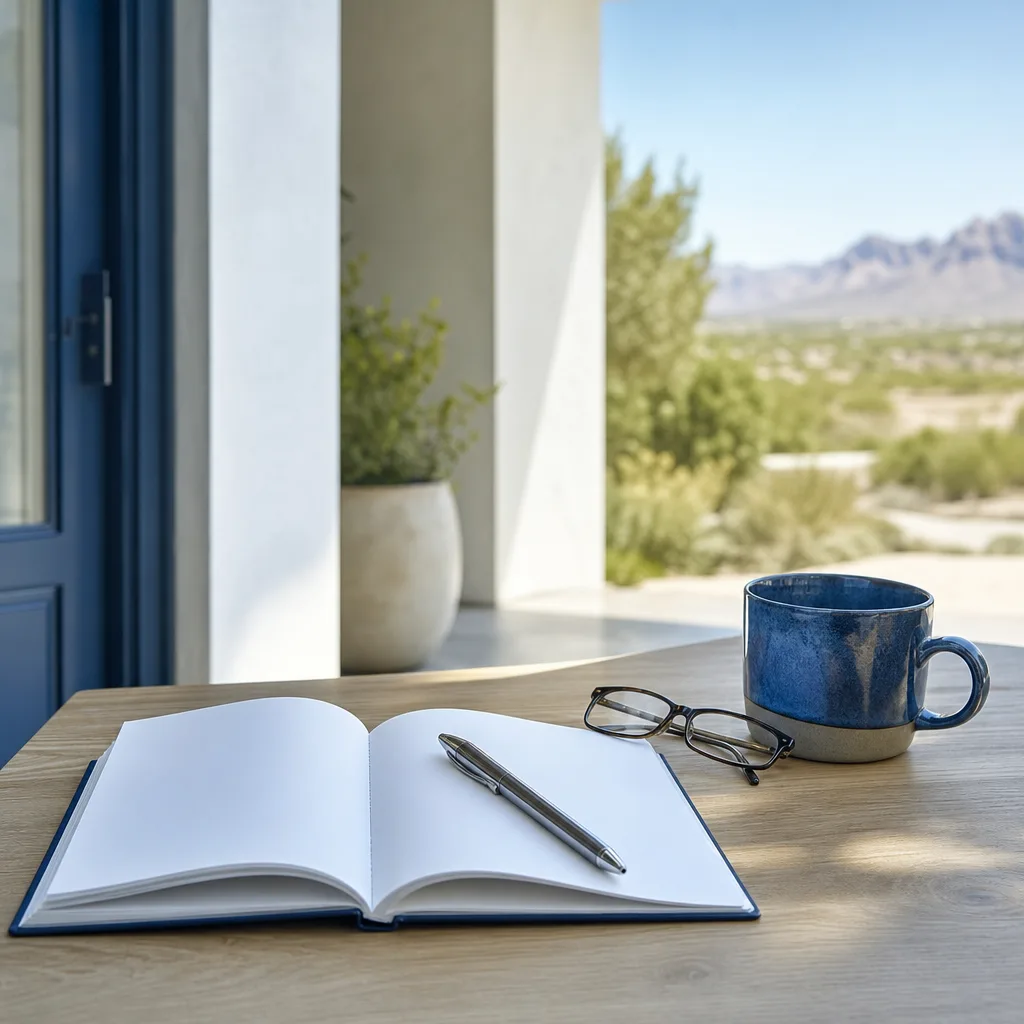 A clean desk-top study scene with an open blank notebook, a pen, reading glasses and a blue mug on pale oak