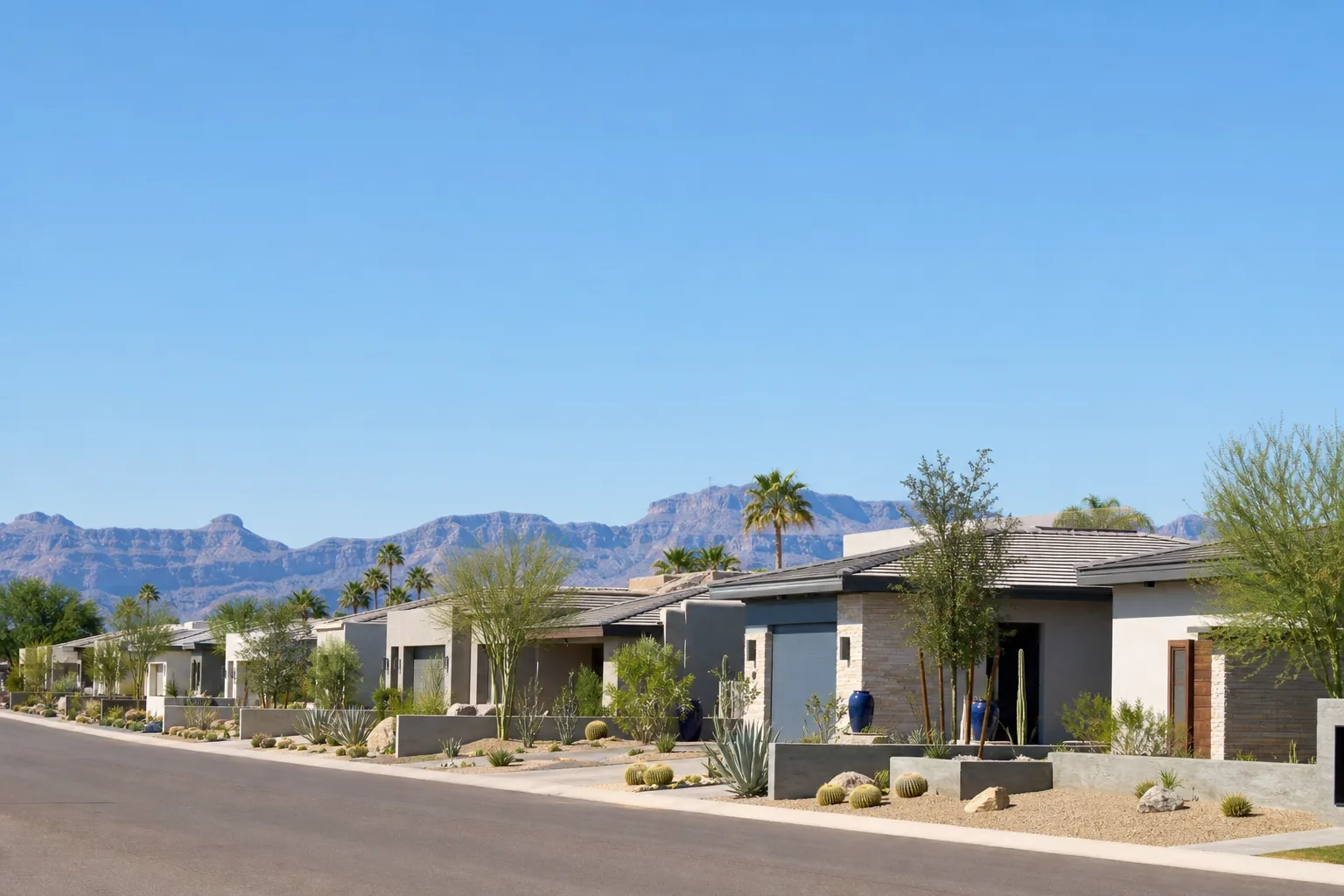 A wide view of a Phoenix, Arizona neighbourhood in clear daylight, with low homes, desert landscaping and distant blue-grey mountains