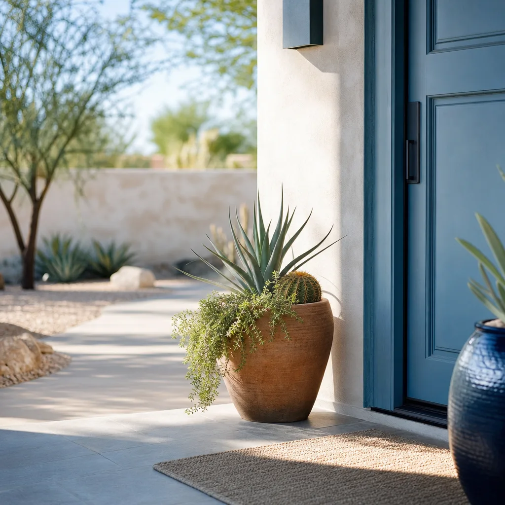 A Phoenix front porch in morning light with a blue-painted front door and a terracotta pot of desert plants