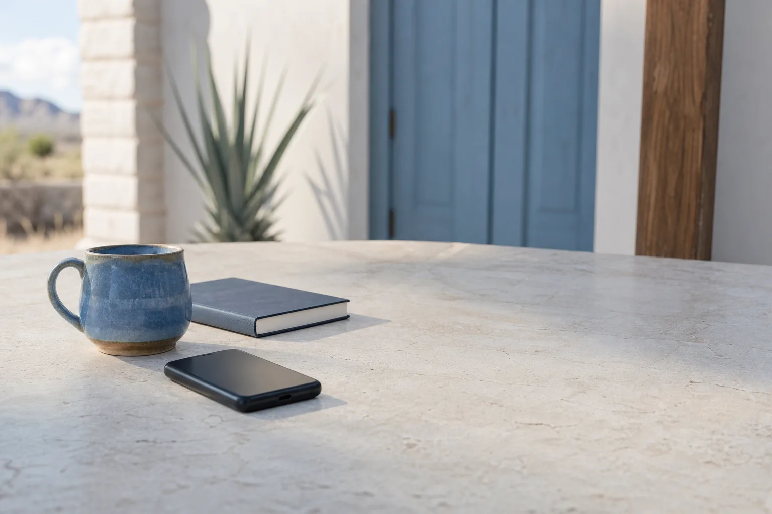 A phone resting face down on warm linen beside a ceramic mug and a notebook in soft window light