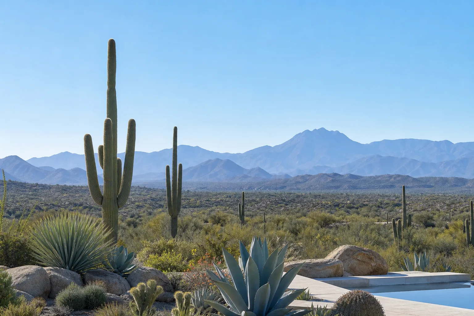 A wide Scottsdale, Arizona desert landscape with saguaro and agave in the foreground and the McDowell mountains layered in blue behind
