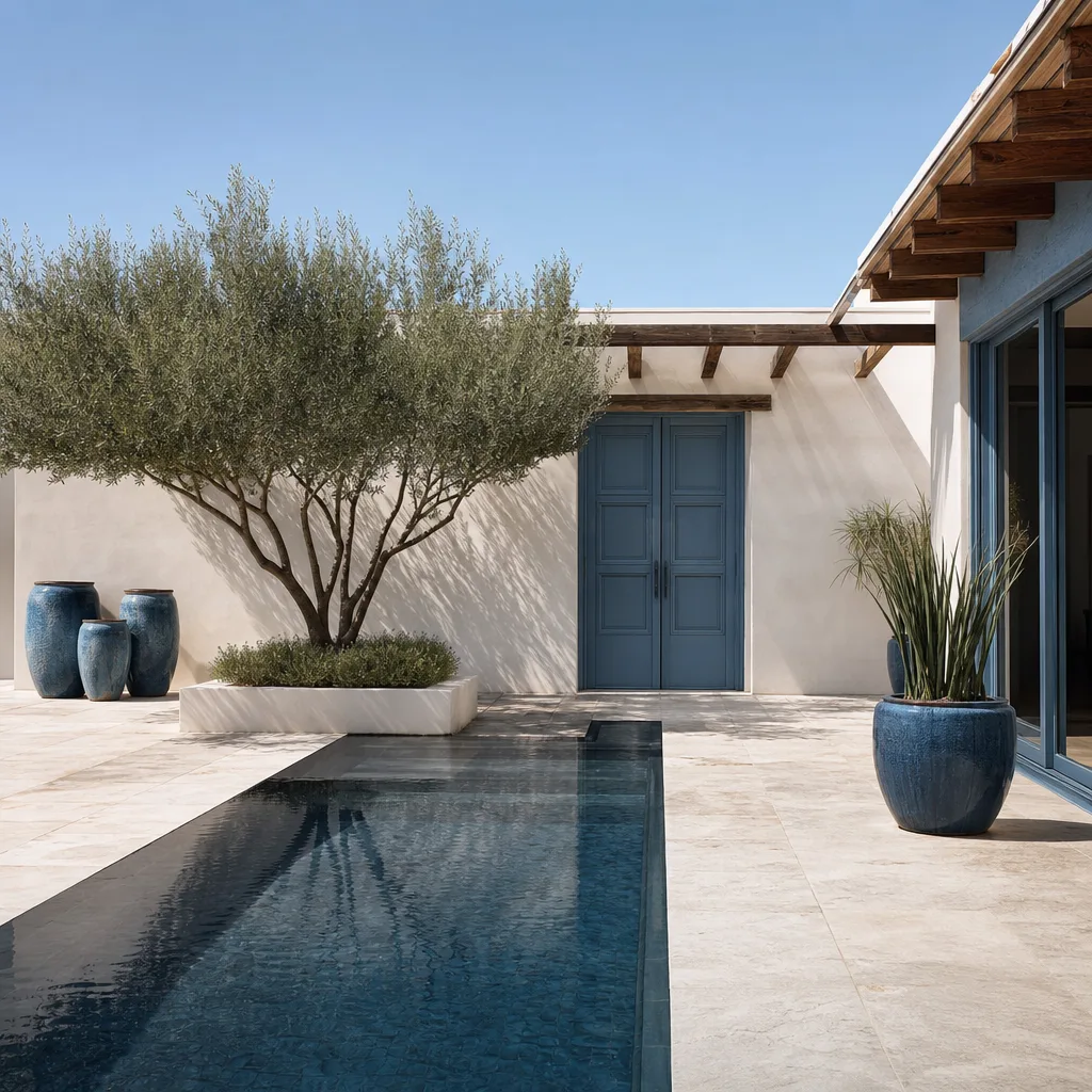 A modern Scottsdale courtyard with a shallow blue reflecting pool, pale stone paving and a single desert tree