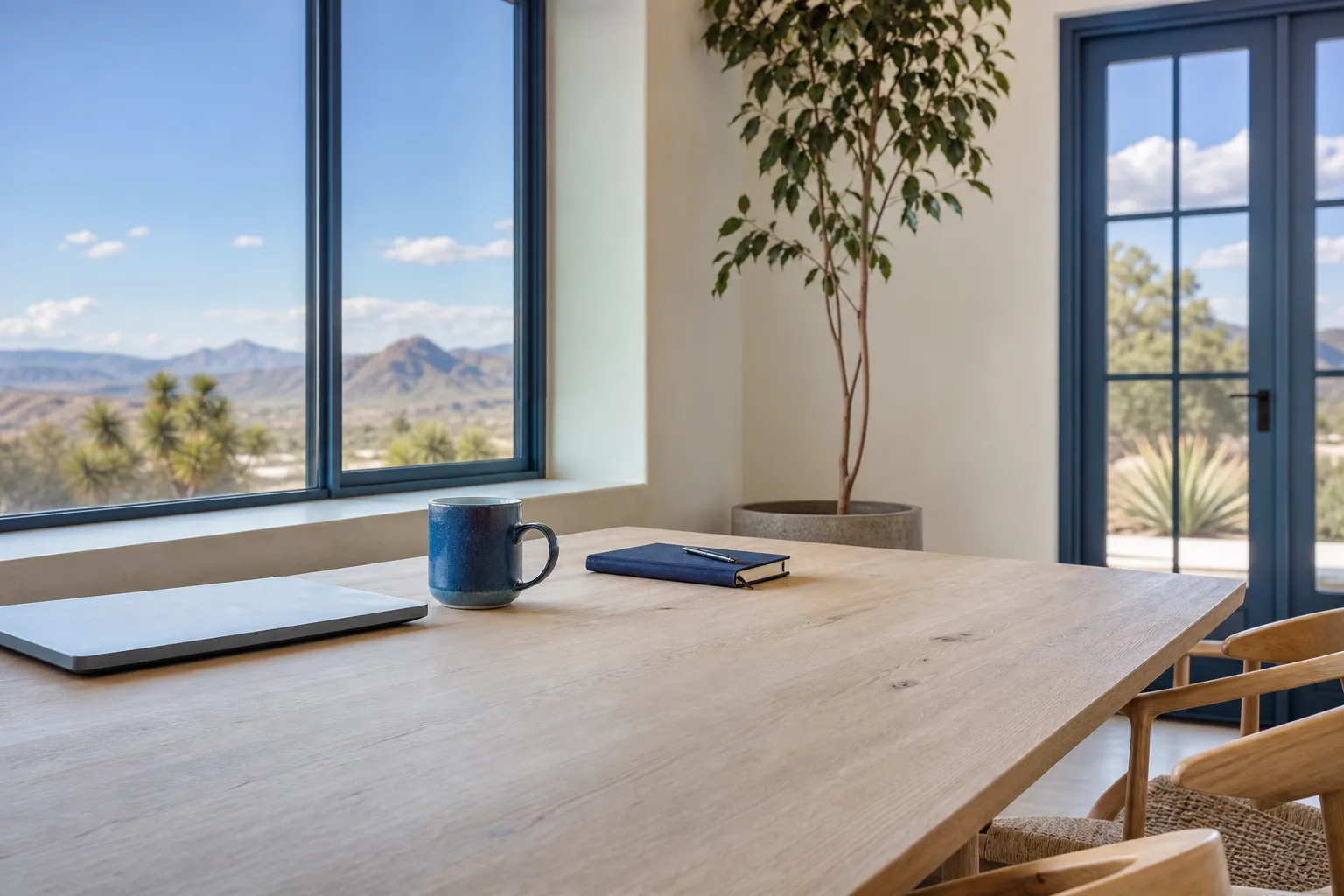 A long pale timber table by a large window with a closed laptop, a blue mug and a notebook, in clean daylight