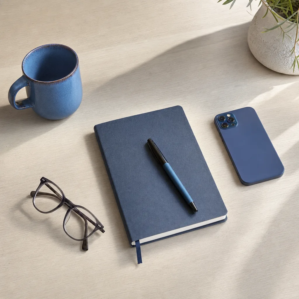 An overhead view of a freelancer's desk on pale oak with a notebook, pen, phone, blue mug and glasses