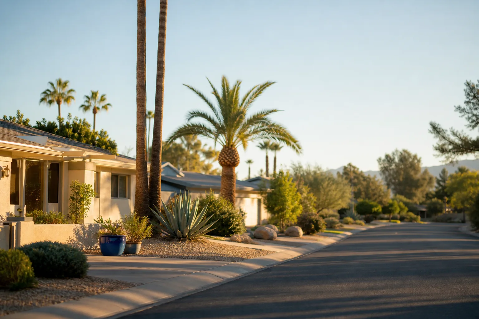 A warm Phoenix residential street at golden hour with established homes, mature palms and long shadows
