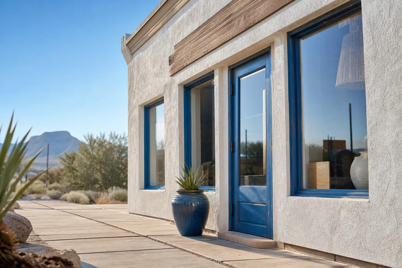 The front of a small independent Arizona storefront in morning light, with a blue-painted door and a potted plant beside the entrance