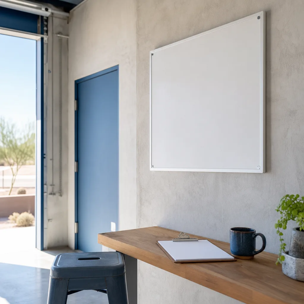 A small business back-office corner with a blank schedule board, a blue metal stool and a clipboard on a timber bench